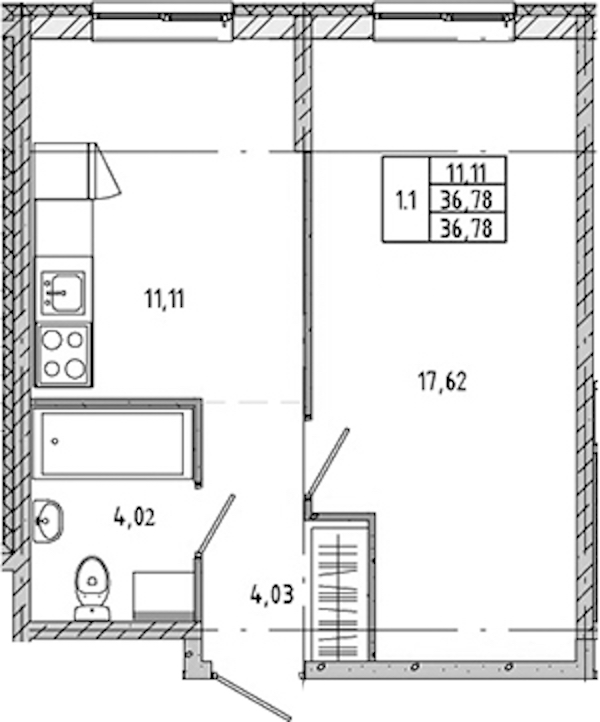 1-комнатная квартира 36.08 м², 1/17 эт., ЖК «Новые горизонты 2»
